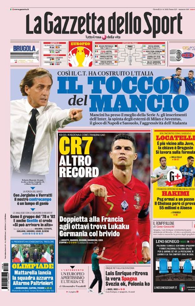 Prima Pagina, La Gazzetta dello Sport: “Il tocco del Mancio. CR7, altro record” 