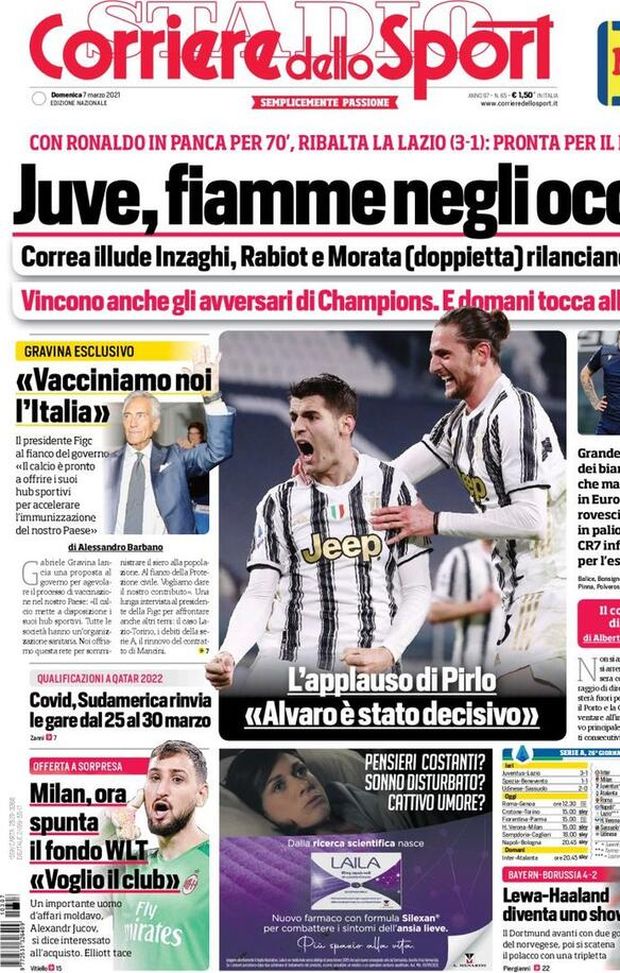 Il Corriere dello Sport, la prima pagina di oggi, domenica 7 marzo 2021 