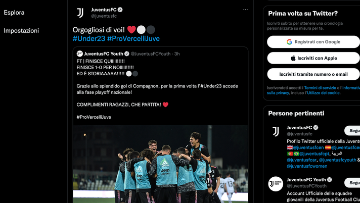 Juventus, l’Under 23 batte la Pro Vercelli e passa il turno: “Orgogliosi di voi” Juventus