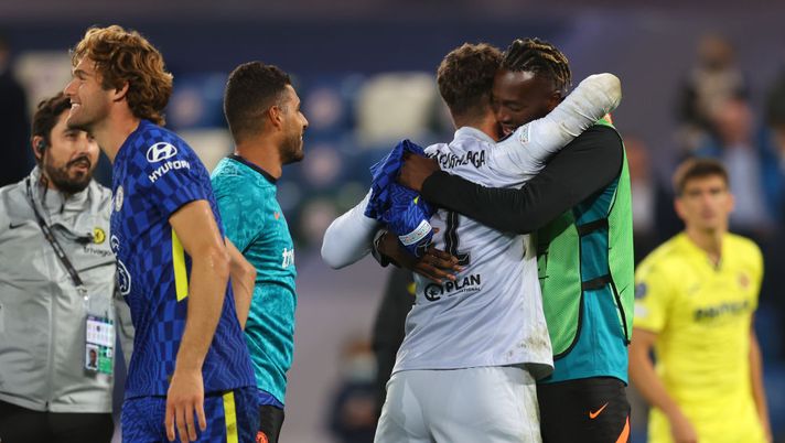 BELFAST, NORTHERN IRELAND - AUGUST 11: Tammy Abraham of Chelsea embraces teammate Kepa Arrizabalaga after the penalty shoot out in the UEFA Super Cup 2021 match between Chelsea FC and Villarreal CF at the National Football Stadium at Windsor Park on August 11, 2021 in Belfast, Northern Ireland. (Photo by Catherine Ivill/Getty Images) BELFAST, NORTHERN IRELAND - AUGUST 11: Tammy Abraham of Chelsea embraces teammate Kepa Arrizabalaga after the penalty shoot out in the UEFA Super Cup 2021 match between Chelsea FC and Villarreal CF at the National Football Stadium at Windsor Park on August 11, 2021 in Belfast, Northern Ireland. (Photo by Catherine Ivill/Getty Images)