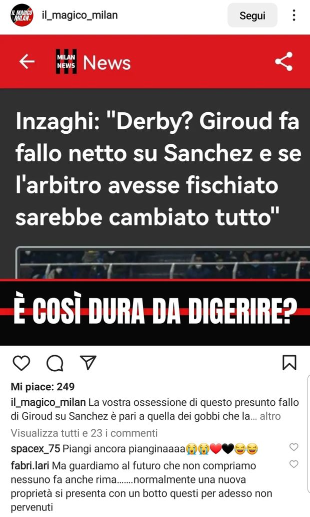 I tifosi milanisti a Simone Inzaghi sul derby del “fallo” di Giroud: “Così dura da digerire?”- immagine 2