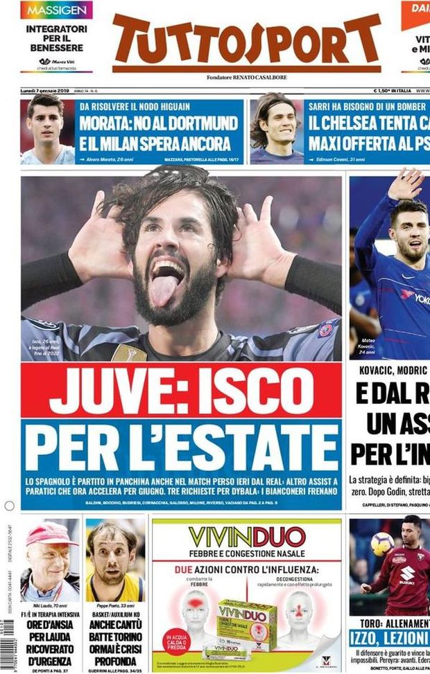 Prima Pagina, Tuttosport: “Juve, Isco per l’estate. Dal Real un asso per l’Inter. Morata, il Milan spera ancora…” Prima Pagina, Tuttosport: “Juve, Isco per l’estate. Dal Real un asso per l’Inter. Morata, il Milan spera ancora…”