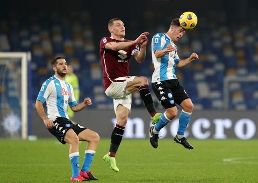 NAPLES, ITALY - DECEMBER 23: Diego Demme of SSC Napoli heads the ball during the Serie A match between SSC Napoli and Torino FC at Stadio Diego Armando Maradona on December 23, 2020 in Naples, Italy. Sporting stadiums around Italy remain under strict restrictions due to the Coronavirus Pandemic as Government social distancing laws prohibit fans inside venues resulting in games being played behind closed doors. (Photo by Francesco Pecoraro/Getty Images) NAPLES, ITALY - DECEMBER 23: Diego Demme of SSC Napoli heads the ball during the Serie A match between SSC Napoli and Torino FC at Stadio Diego Armando Maradona on December 23, 2020 in Naples, Italy. Sporting stadiums around Italy remain under strict restrictions due to the Coronavirus Pandemic as Government social distancing laws prohibit fans inside venues resulting in games being played behind closed doors. (Photo by Francesco Pecoraro/Getty Images)