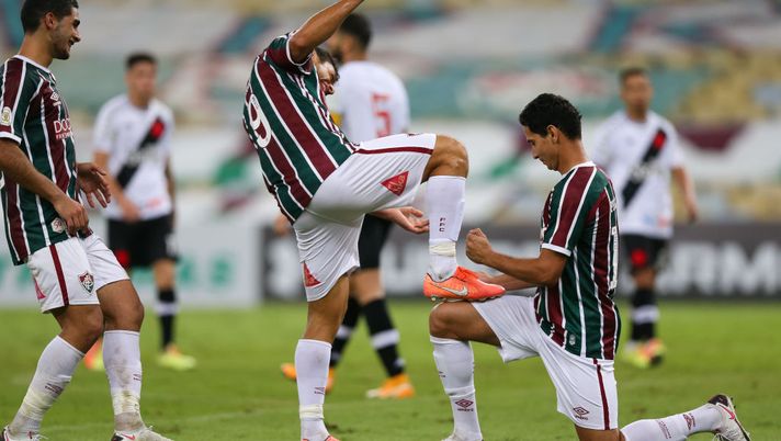 RIO DE JANEIRO, BRAZIL - AUGUST 29: Fred (C) of Fluminense celebrates after scoring with Paulo Henrique Ganso a goal during a match between Fluminense and Vasco da Gama as part of 2020 Brasileirao Series A at Maracana Stadium on August 29, 2020 in Rio de Janeiro, Brazil. (Photo by Buda Mendes/Getty Images) RIO DE JANEIRO, BRAZIL - AUGUST 29: Fred (C) of Fluminense celebrates after scoring with Paulo Henrique Ganso a goal during a match between Fluminense and Vasco da Gama as part of 2020 Brasileirao Series A at Maracana Stadium on August 29, 2020 in Rio de Janeiro, Brazil. (Photo by Buda Mendes/Getty Images)