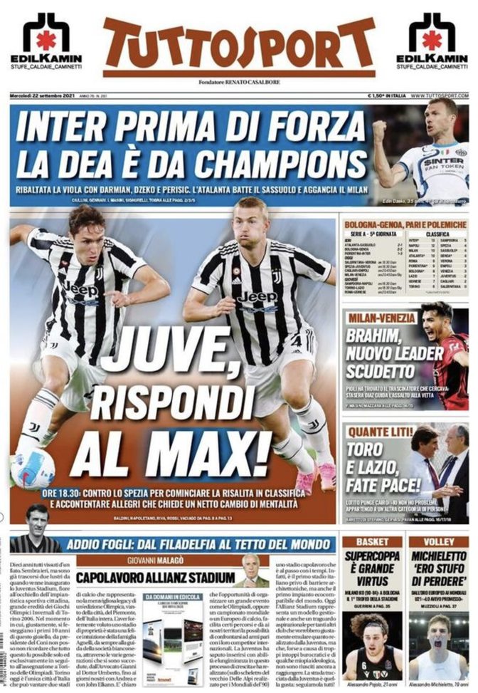 Prima Pagina, Tuttosport: “Juventus, rispondi al Max. Inter, prima di forza” Prima Pagina, Tuttosport: “Juventus, rispondi al Max. Inter, prima di forza”