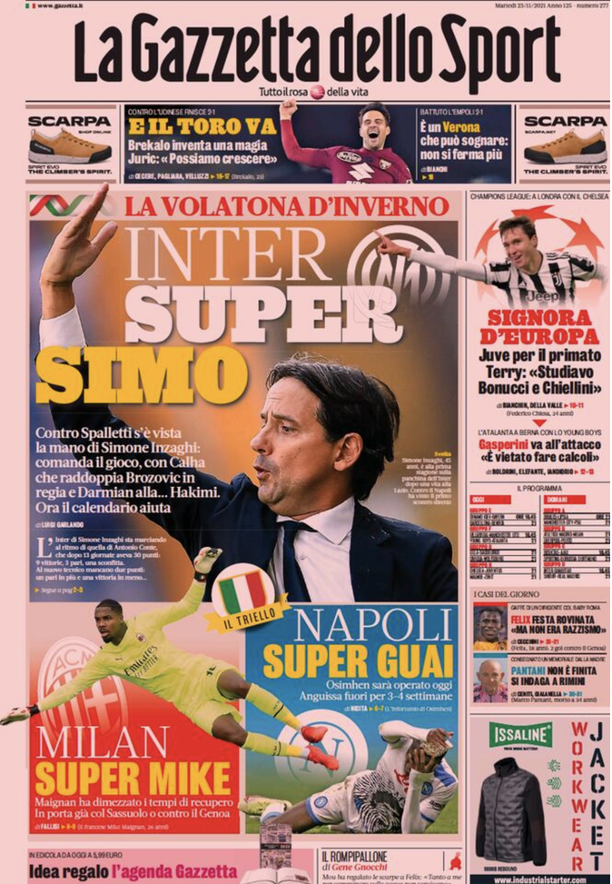 Prima Pagina, Gazzetta dello Sport: “Inter super Simo. Juventus signora d’Europa” Prima Pagina, Gazzetta dello Sport: “Inter super Simo. Juventus signora d’Europa”