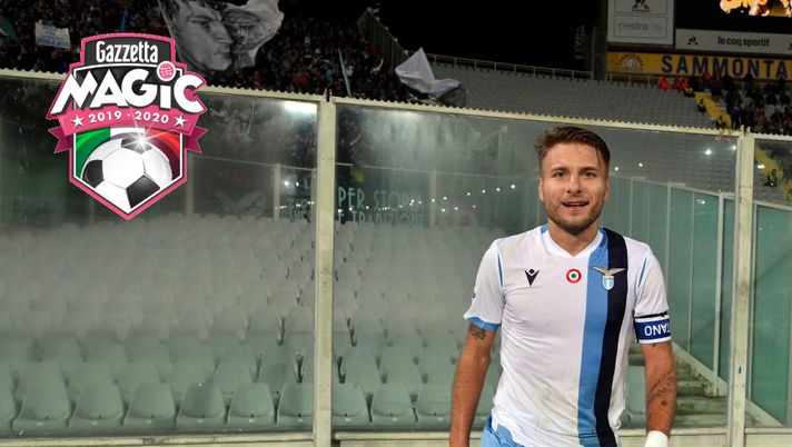 FLORENCE, ITALY - OCTOBER 27:  Ciro Immobile of SS Lazio celebrates a second goal during the Serie A match between ACF Fiorentina and SS Lazio at Stadio Artemio Franchi on October 27, 2019 in Florence, Italy.  (Photo by Marco Rosi/Getty Images) 