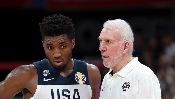 BEIJING, CHINA - SEPTEMBER 14:  Head Coach Gregg Popovich of USA talk with Donovan Mitchell during the games 7-8 of 2019 FIBA World Cup match between USA and Poland at Beijing Wukesong Sport Arena on September 14, 2019 in Beijing, China.  (Photo by Lintao Zhang/Getty Images) 