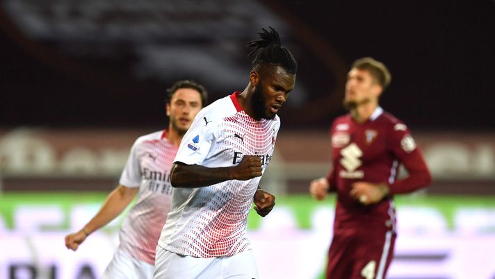 TURIN, ITALY - MAY 12: Franck Kessie of A.C. Milan celebrates after scoring their sides second goal during the Serie A match between Torino FC and AC Milan at Stadio Olimpico di Torino on May 12, 2021 in Turin, Italy. Sporting stadiums around Italy remain under strict restrictions due to the Coronavirus Pandemic as Government social distancing laws prohibit fans inside venues resulting in games being played behind closed doors. (Photo by Valerio Pennicino/Getty Images)