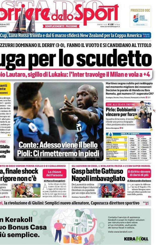 Prima Pagina, Corriere dello Sport: “Fuga per lo scudetto, l&#8217;Inter travolge il Milan e vola a +4. Gasp batte Gattuso, Napoli imbavagliato&#8221; 
