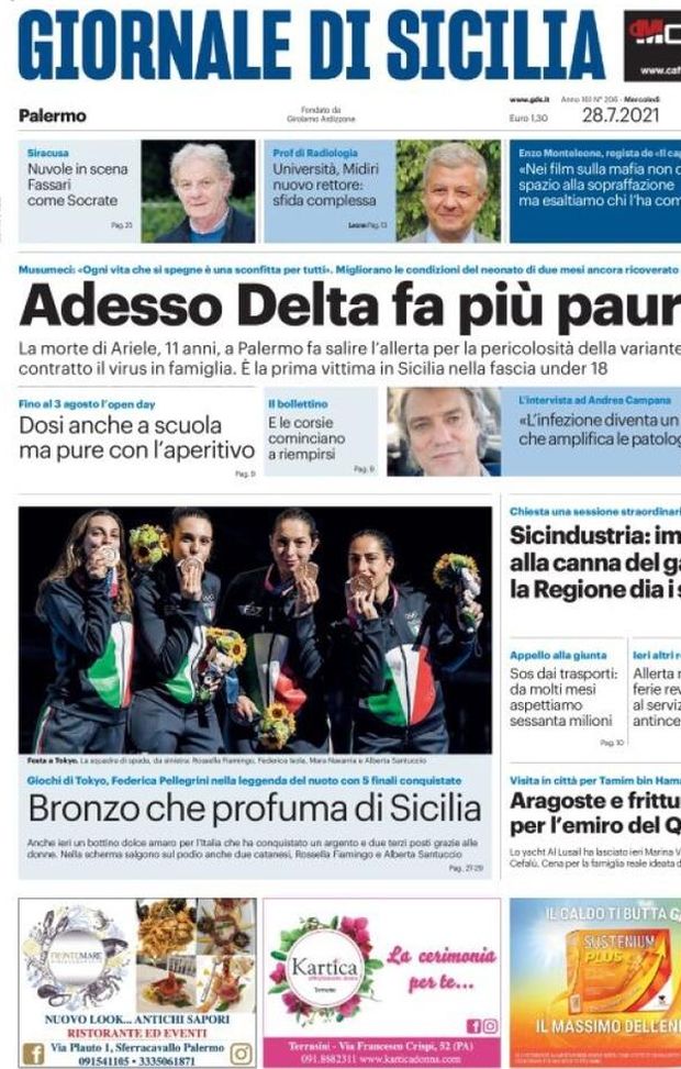Prima Pagina, Giornale di Sicilia: “Delta fa più paura. Bronzo che profuma di Sicilia” Prima Pagina, Giornale di Sicilia: “Delta fa più paura. Bronzo che profuma di Sicilia”