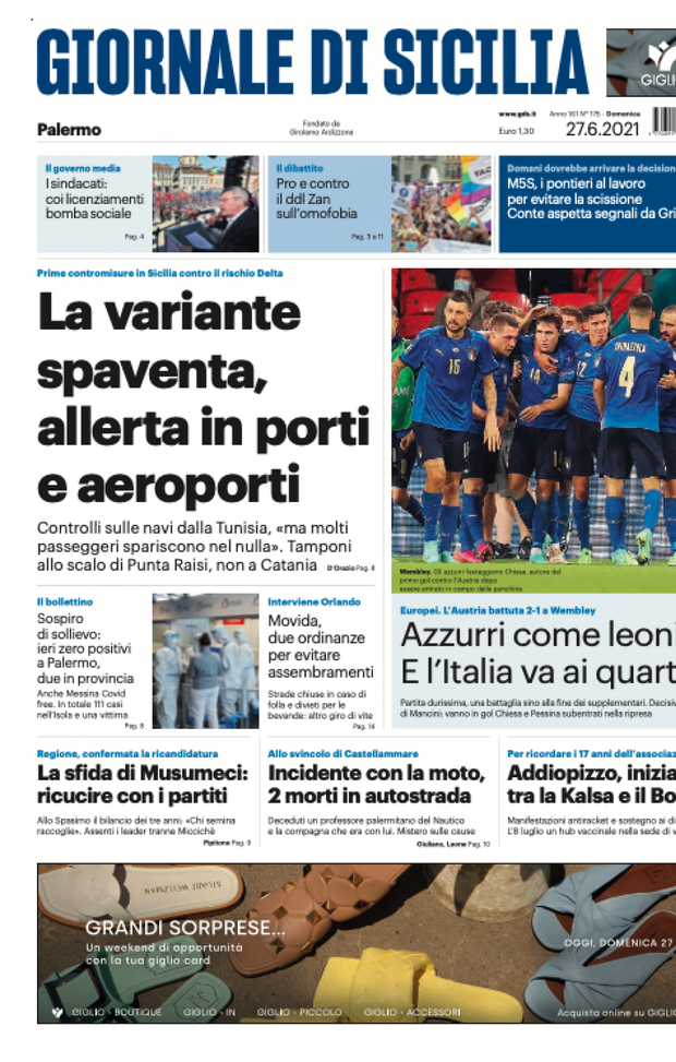 Prima Pagina, Giornale di Sicilia: “La variante spaventa. Azzurri come leoni” 