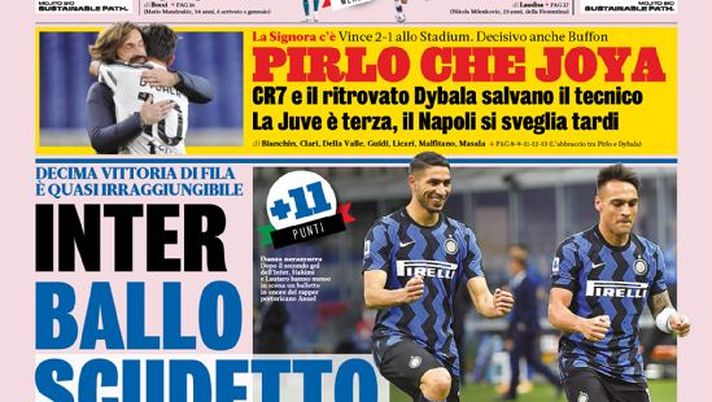 Prima Pagina, La Gazzetta dello Sport: “Inter, ballo scudetto. È quasi irraggiungibile. Pirlo che Joya” 