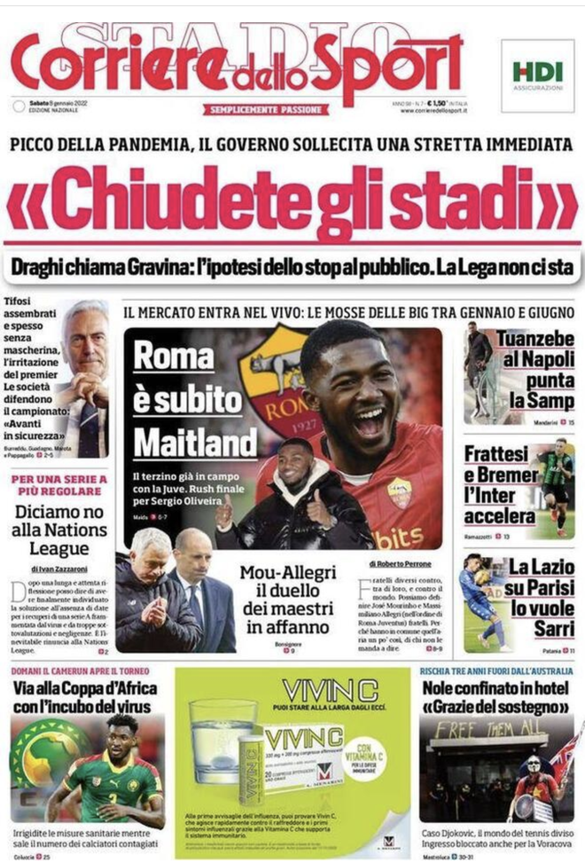Prima Pagina, Corriere dello Sport: “Chiudete gli stadi. No alla Nations League” prima pagina