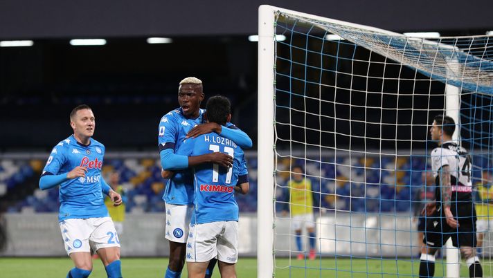 NAPLES, ITALY - MAY 11: Hirving Lozano of SSC Napoli celebrates with team mate Victor Osimhen after scoring their side's third goal during the Serie A match between SSC Napoli and Udinese Calcio at Stadio Diego Armando Maradona on May 11, 2021 in Naples, Italy. Sporting stadiums around Italy remain under strict restrictions due to the Coronavirus Pandemic as Government social distancing laws prohibit fans inside venues resulting in games being played behind closed doors. (Photo by Francesco Pecoraro/Getty Images) NAPLES, ITALY - MAY 11: Hirving Lozano of SSC Napoli celebrates with team mate Victor Osimhen after scoring their side's third goal during the Serie A match between SSC Napoli and Udinese Calcio at Stadio Diego Armando Maradona on May 11, 2021 in Naples, Italy. Sporting stadiums around Italy remain under strict restrictions due to the Coronavirus Pandemic as Government social distancing laws prohibit fans inside venues resulting in games being played behind closed doors. (Photo by Francesco Pecoraro/Getty Images)