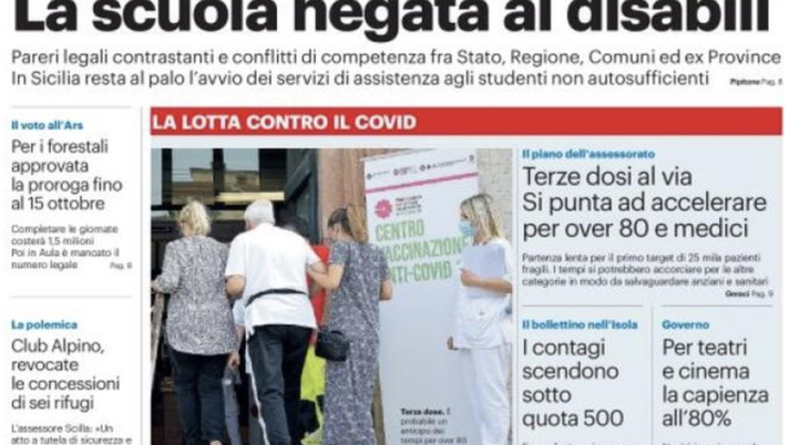 Prima Pagina, Giornale di Sicilia: “Contagi sotto quota 500. Al via le terze dosi” Prima Pagina, Giornale di Sicilia: “Contagi sotto quota 500. Al via le terze dosi”