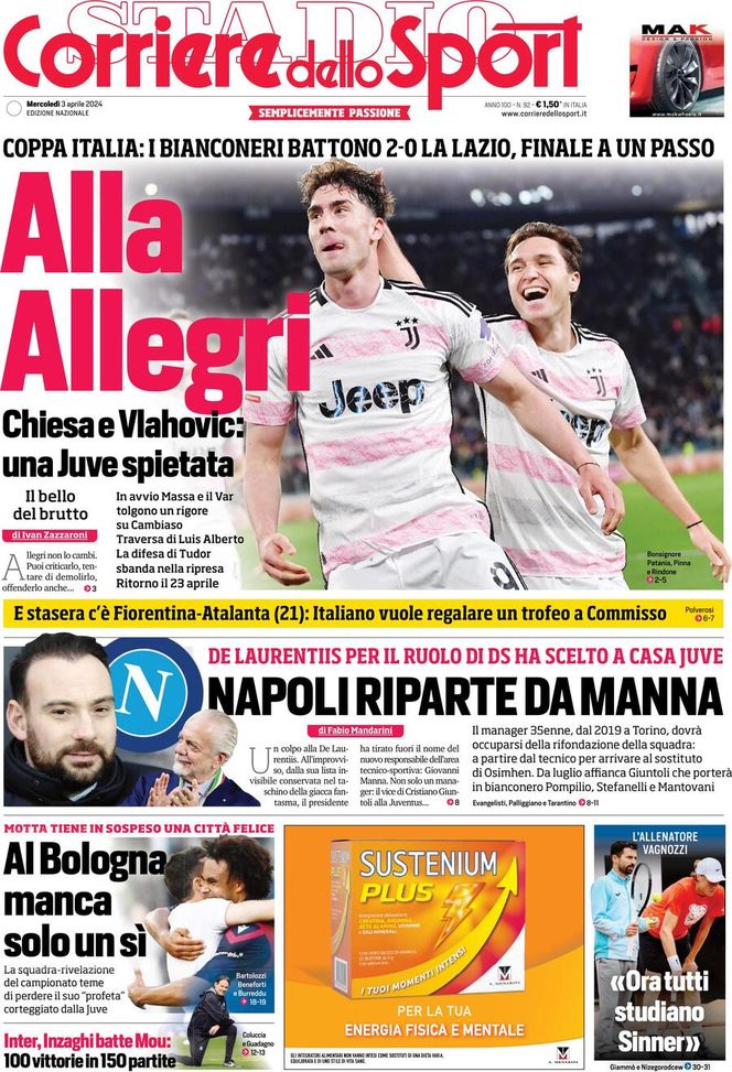 Il Corriere dello Sport, la prima pagina di oggi, mercoledì 3 aprile 2024 Il Corriere dello Sport