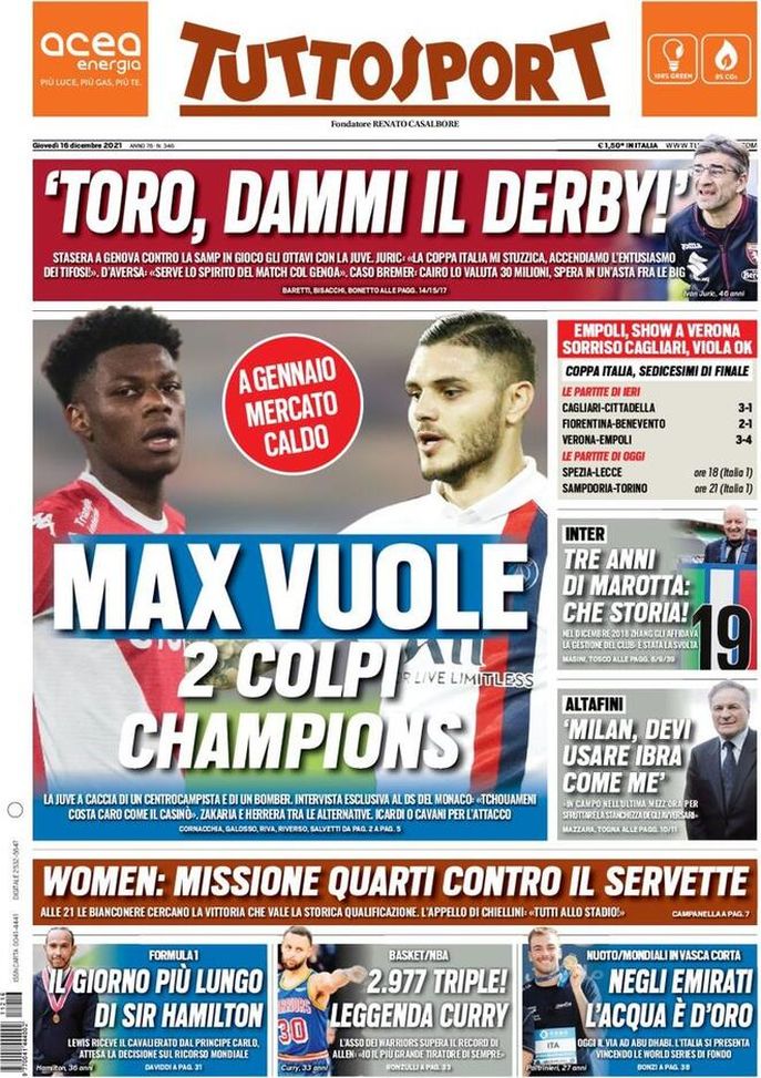 Tuttosport, la prima pagina di oggi, giovedì 16 dicembre 2021