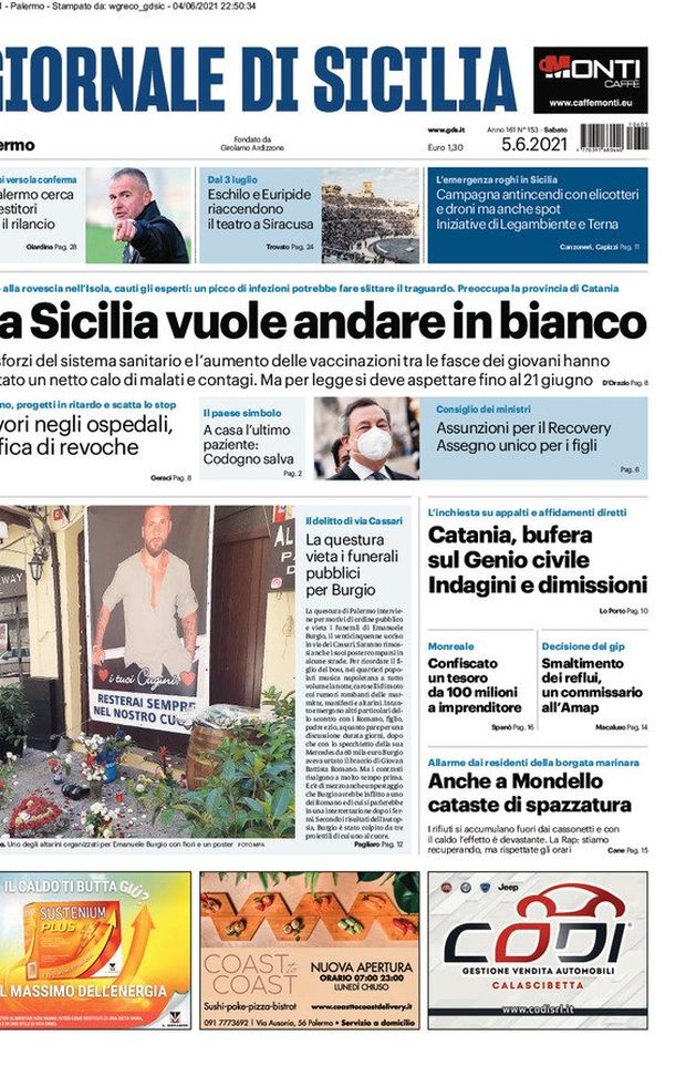 Prima Pagina, Giornale di Sicilia: “La Sicilia vuole andare in bianco”  Prima Pagina, Giornale di Sicilia: “La Sicilia vuole andare in bianco”