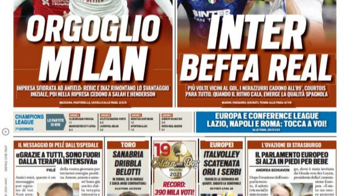 Prima Pagina, Tuttosport: “La svolta Juve. Orgoglio Milan. Inter, beffa Real”  Prima Pagina, Tuttosport: “La svolta Juve. Orgoglio Milan. Inter, beffa Real”