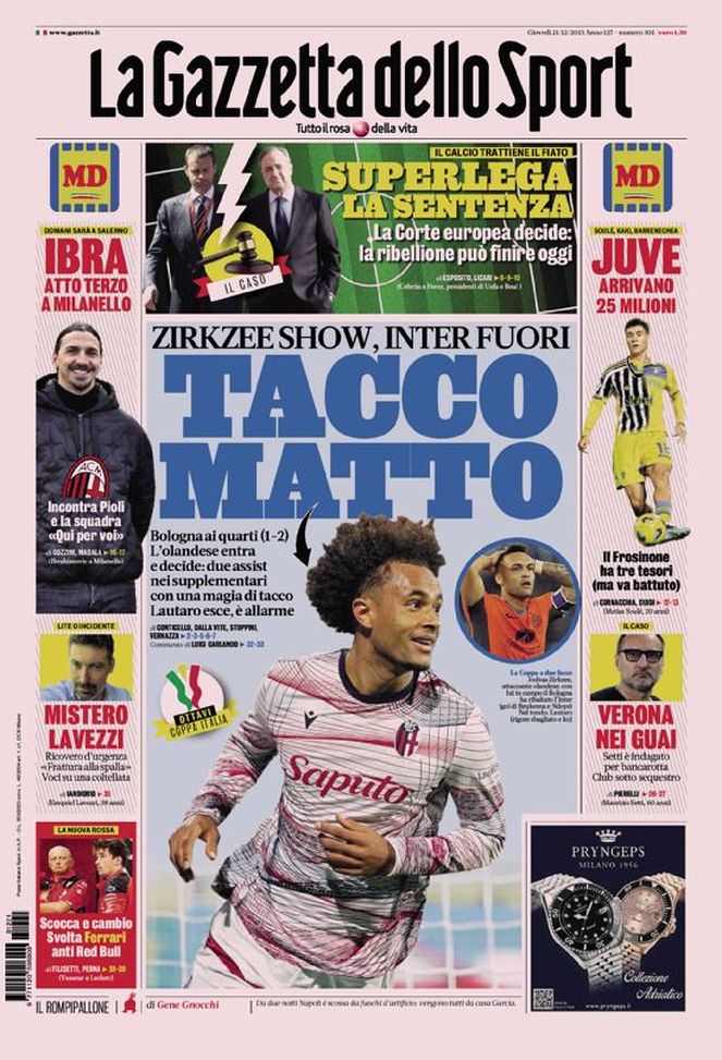 La prima pagina de La Gazzetta dello Sport 21/12/2023