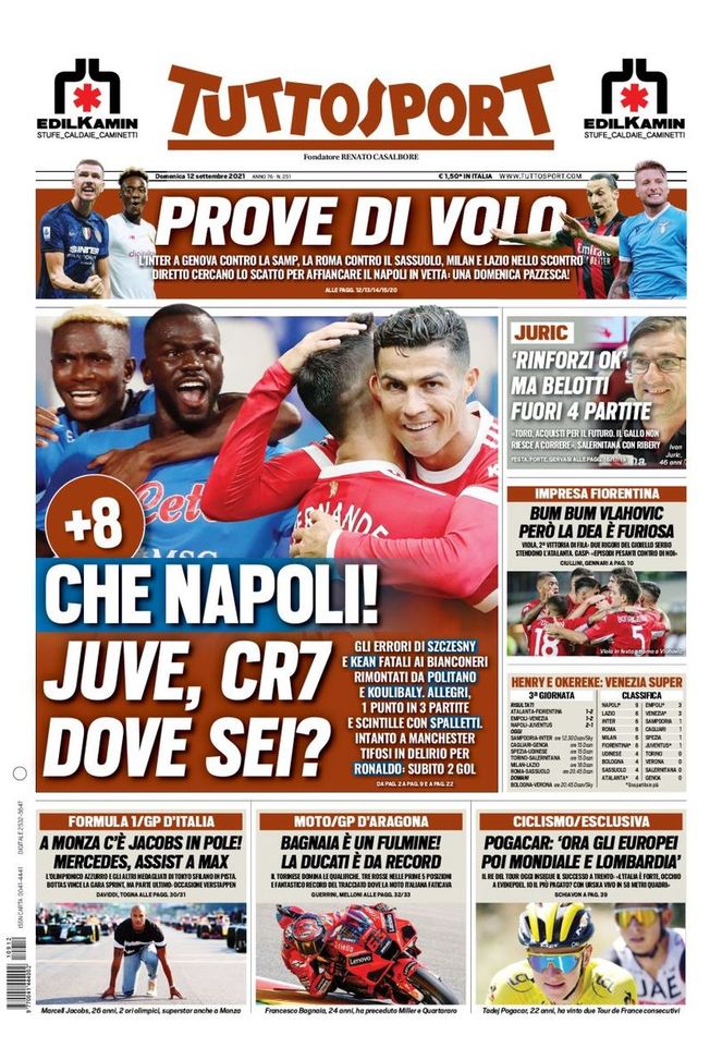 Prima Pagina, Tuttosport: “Che Napoli! Juve, CR7 dove sei? Prove di volo”  Prima Pagina, Tuttosport: “Che Napoli! Juve, CR7 dove sei? Prove di volo”