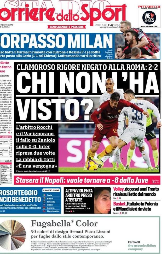 Prima Pagina, Corriere dello Sport: “Chi non l’ha visto? Sorpasso Milan. Eurosorteggio, Mancio benedetto…” Prima Pagina, Corriere dello Sport: “Chi non l’ha visto? Sorpasso Milan. Eurosorteggio, Mancio benedetto…”
