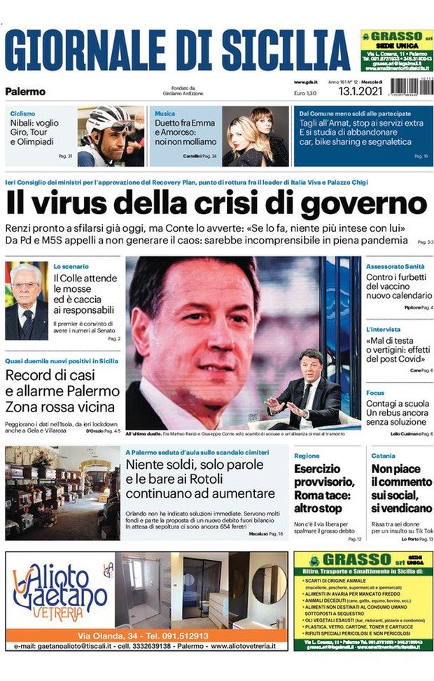 Prima Pagina, Giornale di Sicilia: “Il virus della crisi di governo. Record di casi a Palermo, zona rossa vicina” Prima Pagina, Giornale di Sicilia: “Il virus della crisi di governo. Record di casi a Palermo, zona rossa vicina”