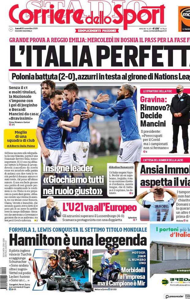  Corriere dello Sport, la prima pagina di oggi, lunedì 16 novembre 2020 