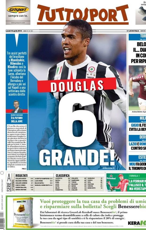 Prima Pagina, Tuttosport: “Douglas, 6 grande! Juve a +6 dal Napoli: Gigio il fenomeno evita la beffa finale. Mou fa godere il City…” Prima Pagina, Tuttosport: “Douglas, 6 grande! Juve a +6 dal Napoli: Gigio il fenomeno evita la beffa finale. Mou fa godere il City…”