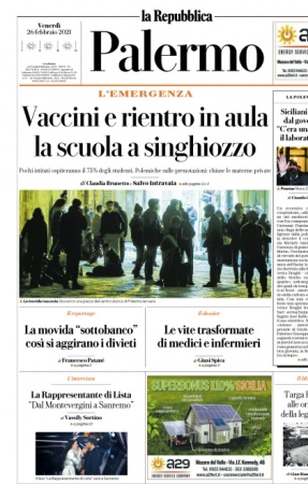 Prima Pagina, La Repubblica-Palermo: “Vaccini e rientro in aula, la scuola a singhiozzo” Prima Pagina, La Repubblica-Palermo: “Vaccini e rientro in aula, la scuola a singhiozzo”