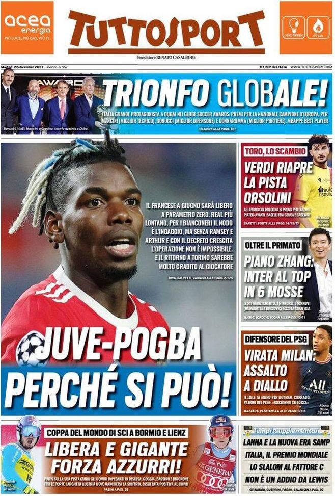 Prima Pagina, Tuttosport: “Italia protagonista nei Globe Soccer Awards” Prima Pagina