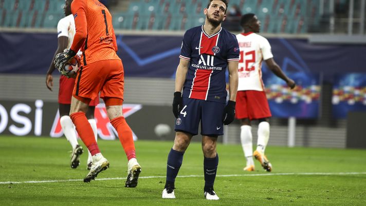 LEIPZIG, GERMANY - NOVEMBER 04: Alessandro Florenzi  of Paris Saint-Germain reacts during the UEFA Champions League Group H stage match between RB Leipzig and Paris Saint-Germain at Red Bull Arena on November 04, 2020 in Leipzig, Germany. (Photo by Maja Hitij/Getty Images) 