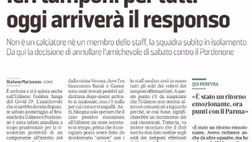 MV: “Un positivo all’Udinese Ieri tamponi per tutti oggi arriverà il responso”