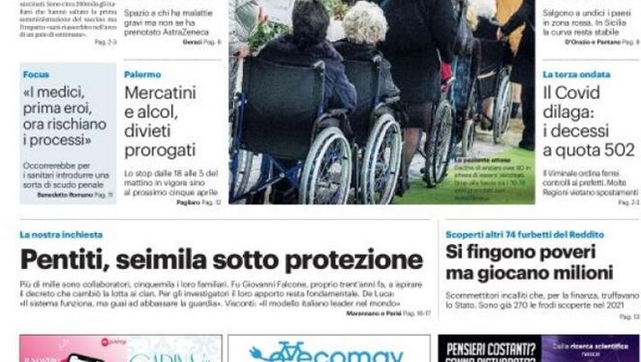 Prima Pagina, Giornale di Sicilia: “Vaccini, pressing dell’Europa. Mercatini e alcol, divieti prorogati. Pentiti, seimila sotto protezione” 