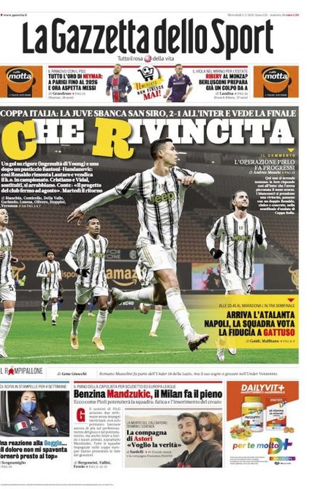 Prima Pagina, La Gazzetta dello Sport: &#8220;La Juve sbanca San Siro e vede la finale, che rivincita!&#8221; 