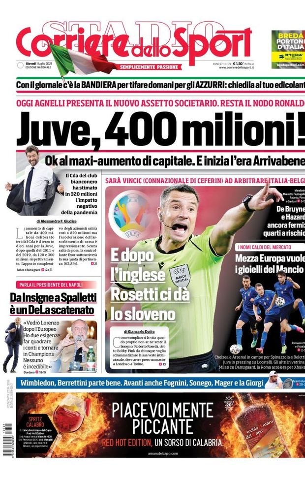 Prima Pagina, Corriere dello Sport: “Juve, 400 milioni! Resta il nodo Ronaldo”  Prima Pagina, Corriere dello Sport: “Juve, 400 milioni! Resta il nodo Ronaldo”