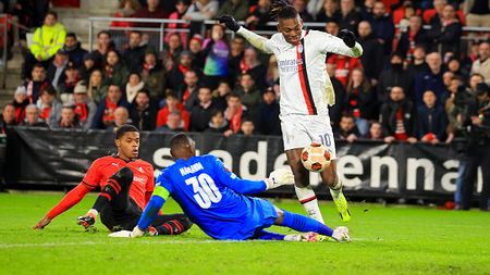 RENNES, FRANCE - FEBRUARY 22: Rafael Leao of AC Milan scores his teams second goal during the UEFA Europa League 2023/24 knockout round play-offs second leg match between Stade Rennais FC and AC Milan at Roazhon Park on February 22, 2024 in Rennes, France. (Photo by Giuseppe Cottini/AC Milan via Getty Images)