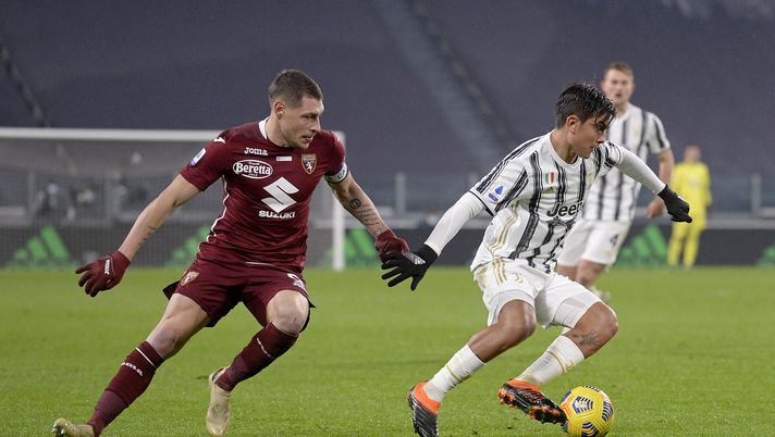 TURIN, ITALY - DECEMBER 05: Paulo Dybala of Juventus competes for the ball with Andrea Belotti of Torino FC during the Serie A match between Juventus and Torino FC at Allianz Stadium on December 05, 2020 in Turin, Italy. (Photo by Filippo Alfero - Juventus FC/Juventus FC via Getty Images) TURIN, ITALY - DECEMBER 05: Paulo Dybala of Juventus competes for the ball with Andrea Belotti of Torino FC during the Serie A match between Juventus and Torino FC at Allianz Stadium on December 05, 2020 in Turin, Italy. (Photo by Filippo Alfero - Juventus FC/Juventus FC via Getty Images)