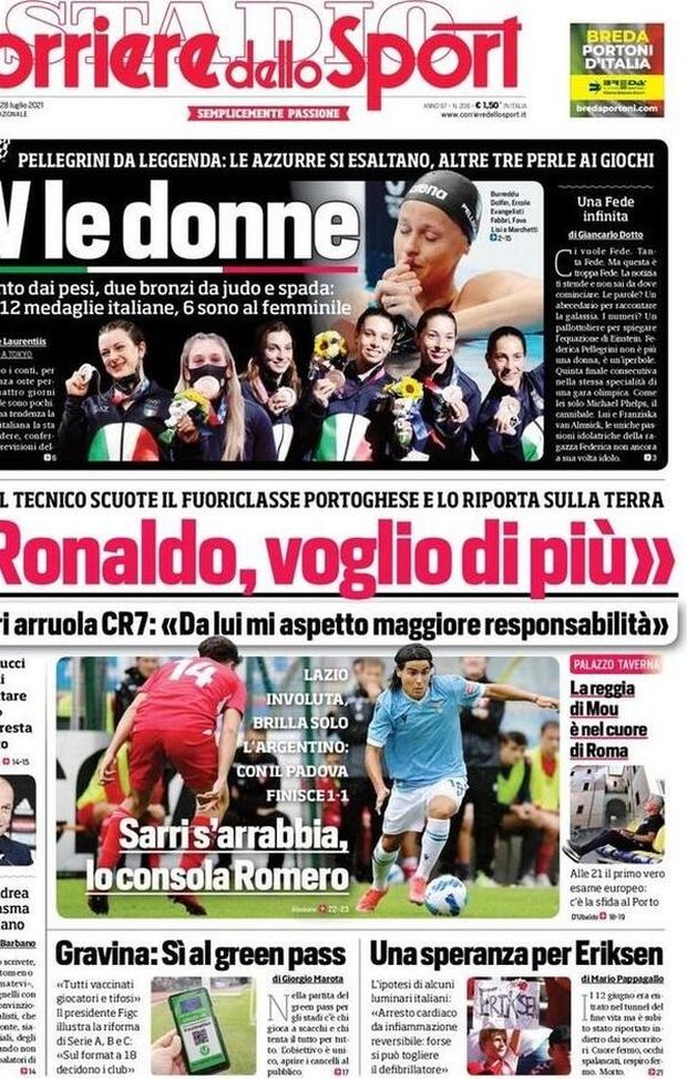 Prima Pagina, Corriere dello Sport: “W le donne! Sarri s’arrabbia, lo consola Romero” 