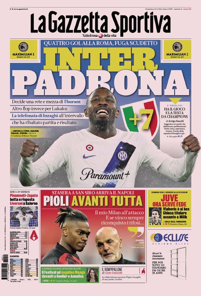 La Gazzetta dello Sport, la prima pagina di oggi, domenica 11 febbraio 2024