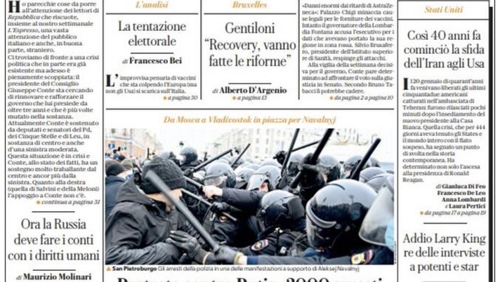 Prima Pagina, La Repubblica: “Vaccini, Conte all’attacco: il Premier vuole la conta”  Prima Pagina, La Repubblica: “Vaccini, Conte all’attacco: il Premier vuole la conta”