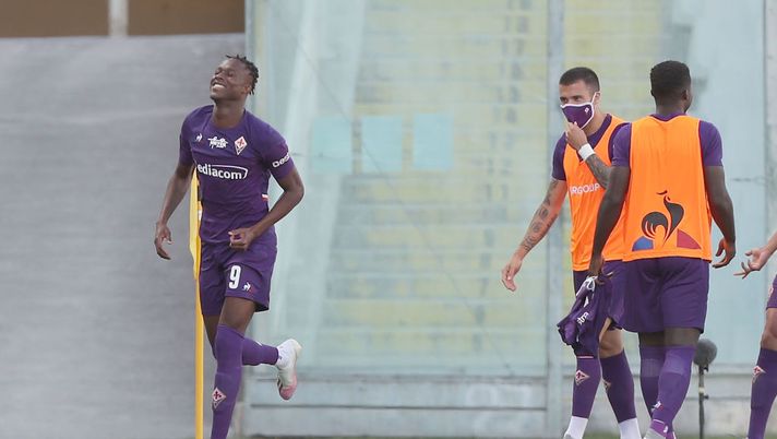 FLORENCE, ITALY - JULY 19: Christian Kouame of ACF Fiorentina celebrates after scoring a goal during the Serie A match between ACF Fiorentina and  Torino FC at Stadio Artemio Franchi on July 19, 2020 in Florence, Italy.  (Photo by Gabriele Maltinti/Getty Images) 