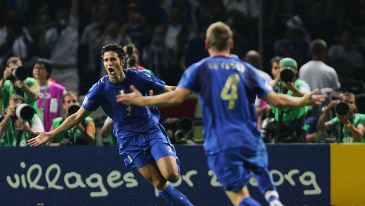 BERLIN - JULY 9:  Fabio Grosso of Italy celebrates scoring the winning penalty in a penalty shootout at the end of the FIFA World Cup Germany 2006 Final match between Italy and France at the Olympic Stadium on July 9, 2006 in Berlin, Germany.  (Photo by Alex Livesey/Getty Images) 
