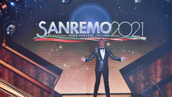 SANREMO, ITALY - MARCH 03:  Amadeus presents the 71th Sanremo Music Festival 2021 at Teatro Ariston on March 03, 2021 in Sanremo, Italy. (Photo by Jacopo M. Raule/Getty Images)