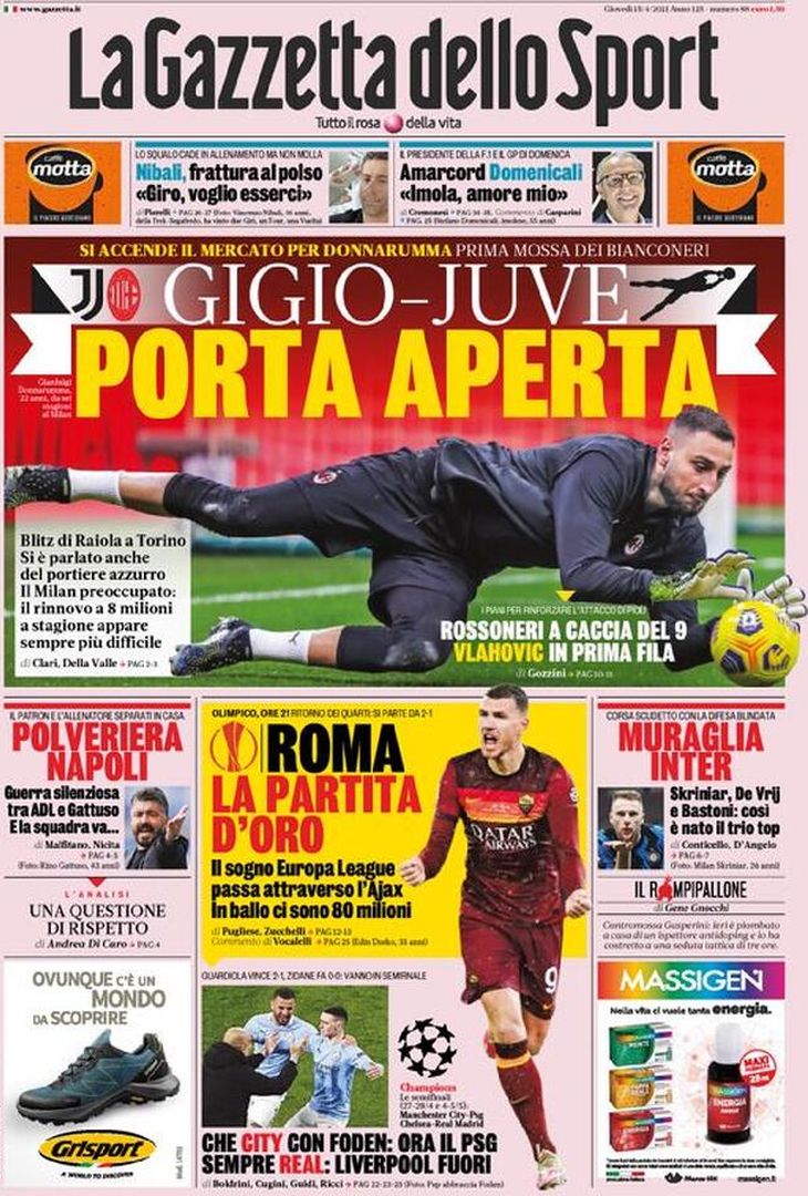  La Gazzetta dello Sport, la prima pagina di oggi, giovedì 15 aprile 2021 