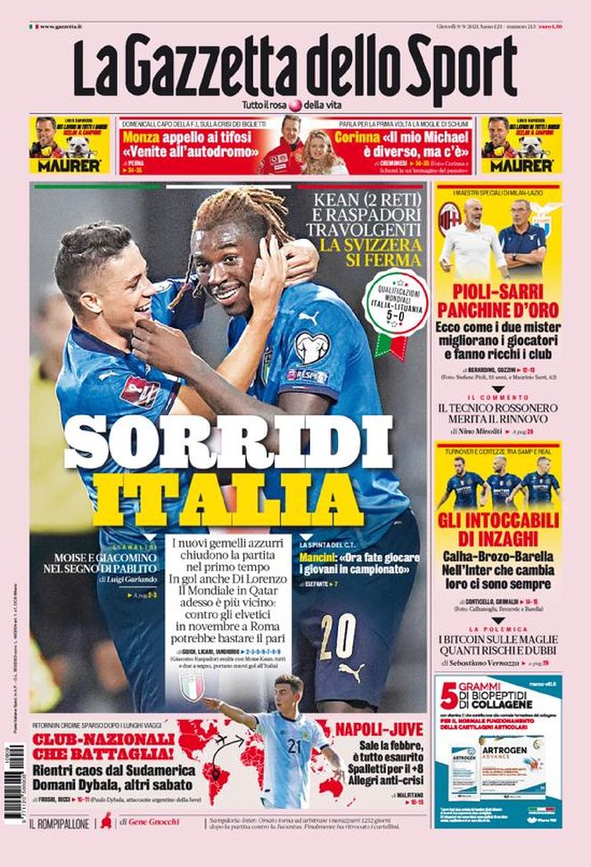Prima Pagina, La Gazzetta dello Sport: “Sorridi Italia. Club-Nazionali, che battaglia” 