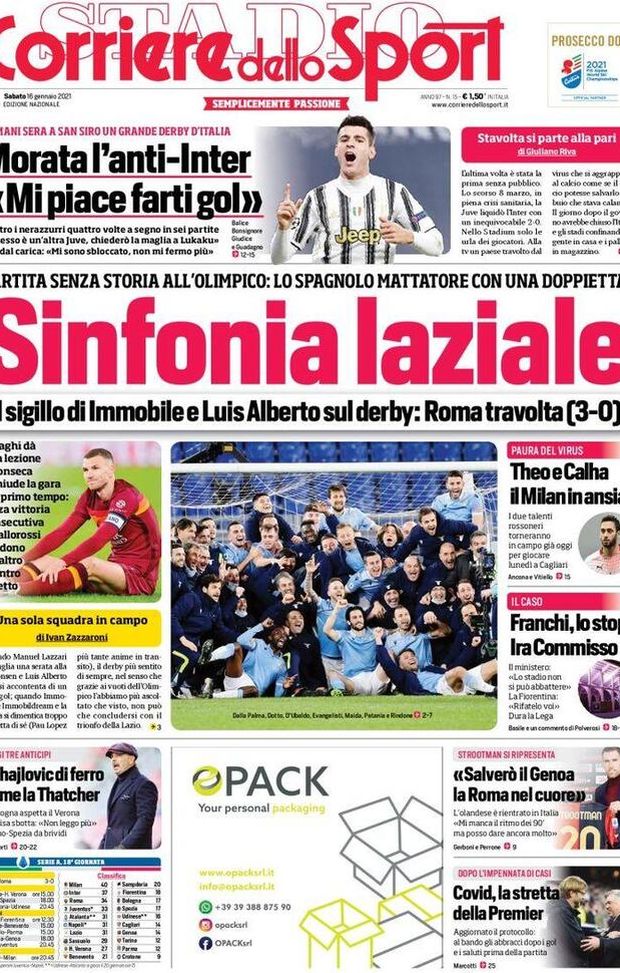 Il Corriere dello Sport, la prima pagina di oggi, sabato 16 gennaio 2021 