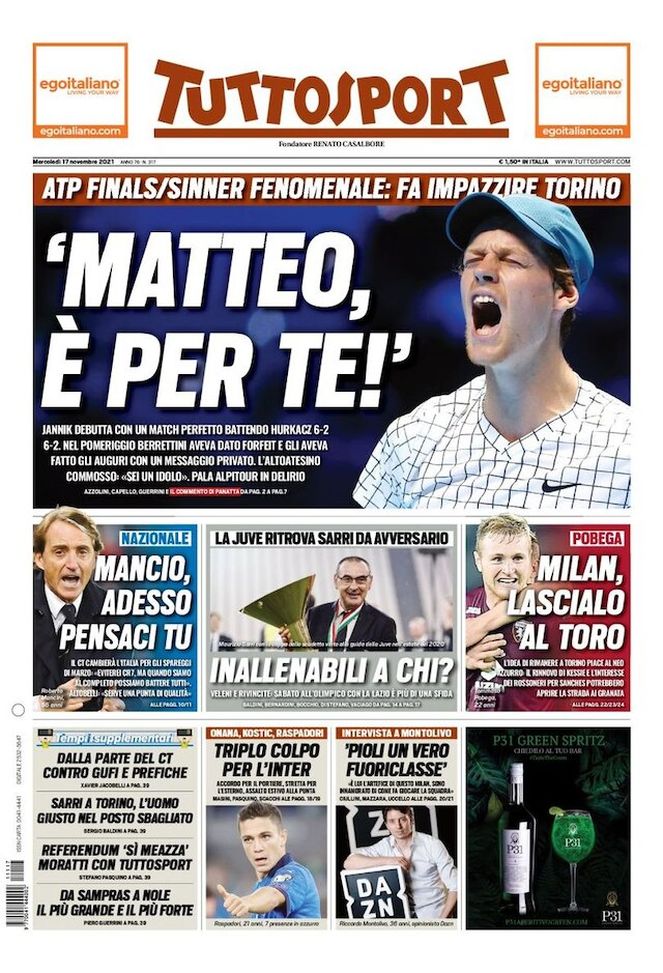 Prima Pagina, Tuttosport: “Matteo, è per te. Mancio, adesso pensaci tu”  Prima Pagina, Tuttosport: “Matteo, è per te. Mancio, adesso pensaci tu” - immagine 1