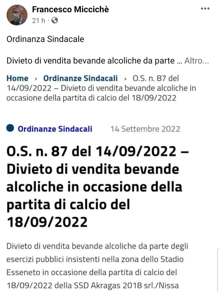 Un altro derby allarma Agrigento: il sindaco vieta la vendita di bevande alcoliche- immagine 2